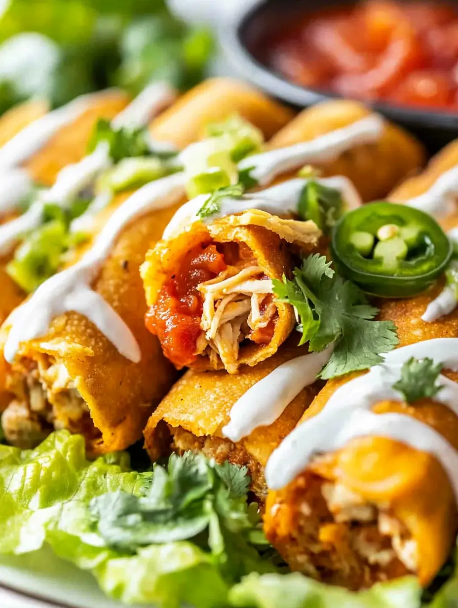 Ridiculously Good Air Fryer Flautas 20 Close-up of flautas with crispy edges, filled with seasoned chicken and garnished with sour cream, jalapeño slices, and fresh cilantro, served with salsa.
