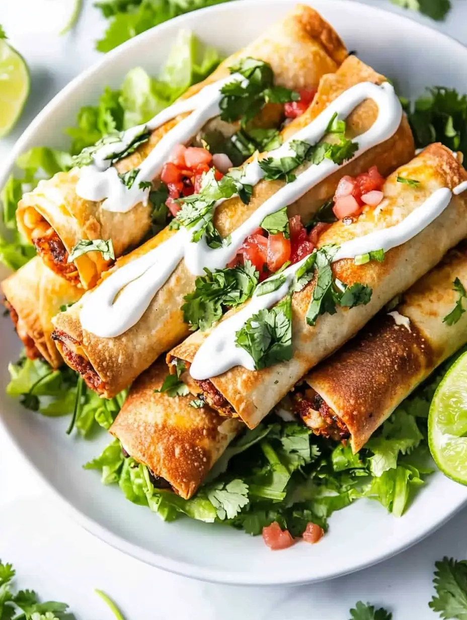 Ridiculously Good Air Fryer Flautas 18 Overhead shot of a plate of golden, crispy flautas topped with sour cream, salsa, and cilantro, served on a bed of lettuce with lime wedges.