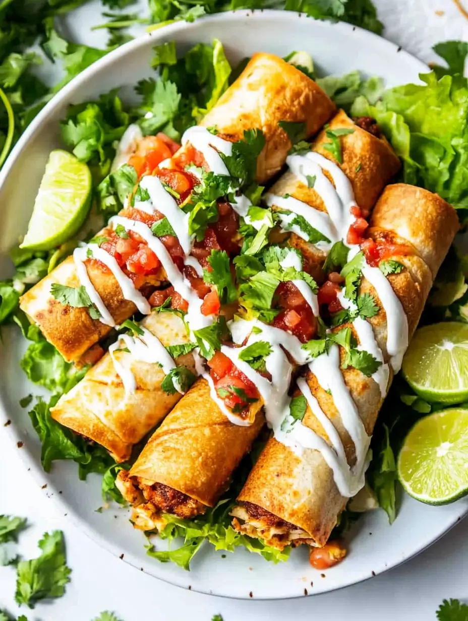 Ridiculously Good Air Fryer Flautas 14 A stack of crispy air fryer flautas garnished with fresh cilantro and sour cream drizzle, served with sliced limes and vibrant green lettuce.