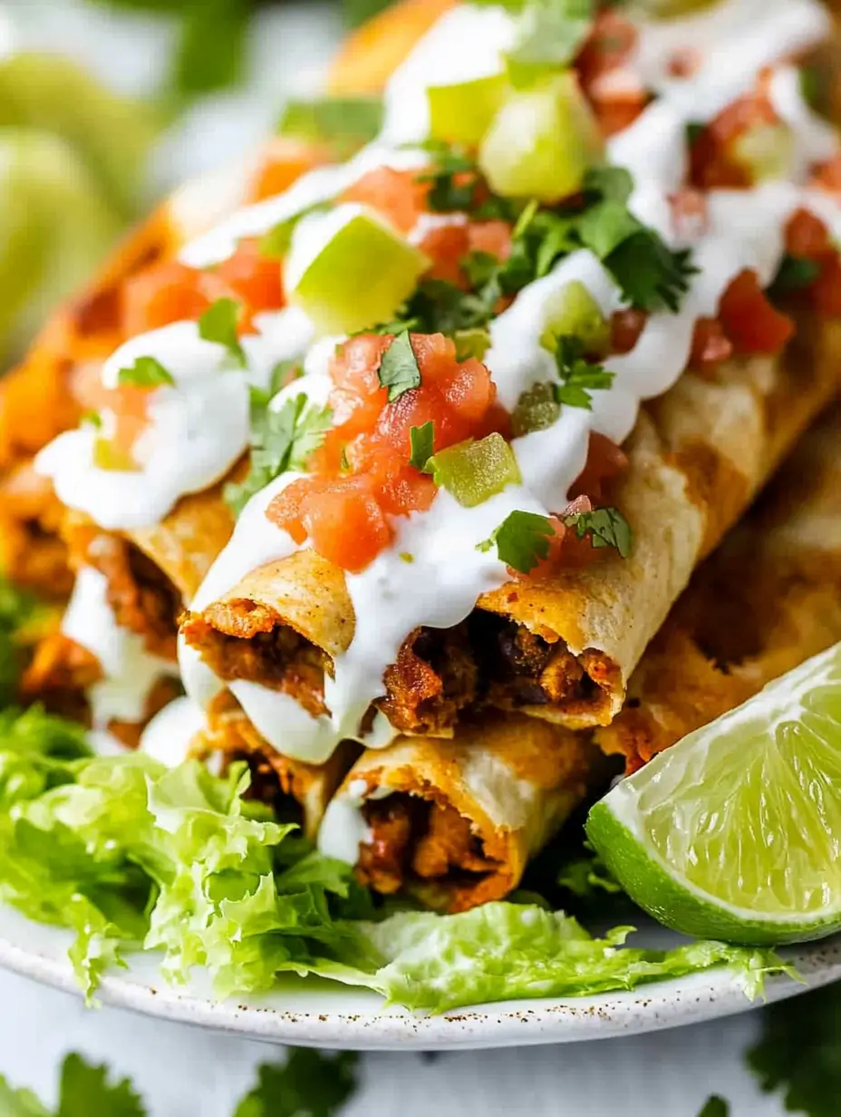 Ridiculously Good Air Fryer Flautas 19 Close-up of crispy air fryer flautas garnished with sour cream, diced tomatoes, avocado, and fresh cilantro, served with a lime wedge.