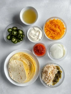 Ridiculously Good Air Fryer Flautas 23 Flat lay of ingredients for air fryer flautas, including shredded chicken, tortillas, shredded cheese, sliced jalapeños, salsa, sour cream, and green salsa.