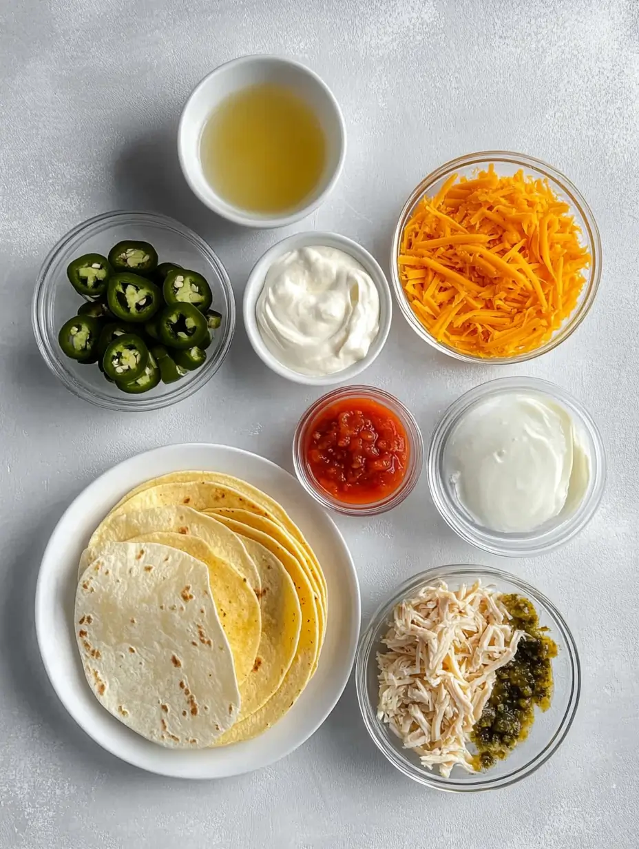 Ridiculously Good Air Fryer Flautas 15 Flat lay of ingredients for air fryer flautas, including shredded chicken, tortillas, shredded cheese, sliced jalapeños, salsa, sour cream, and green salsa.
