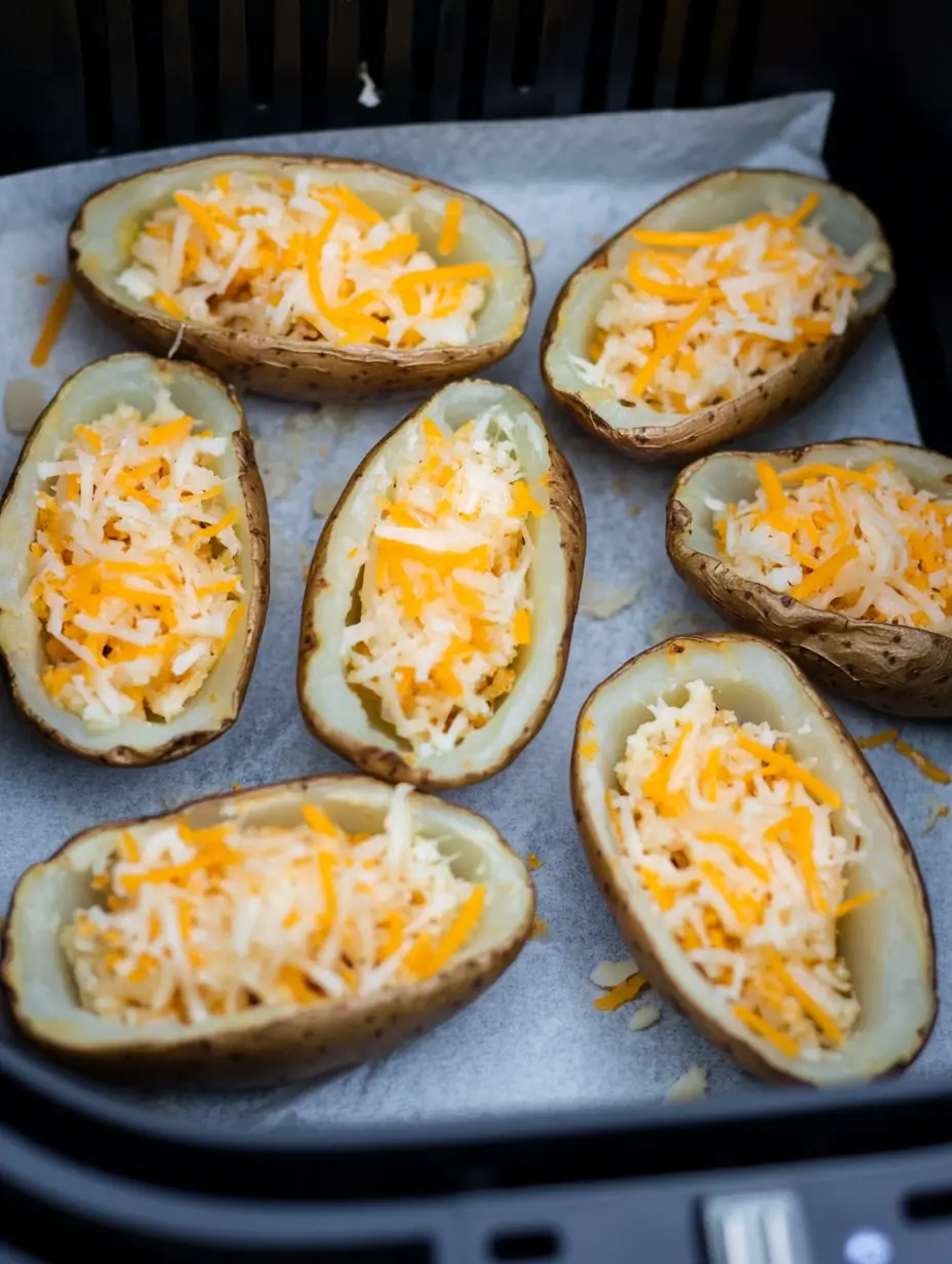 air-fryer-potato-skins-filled-with-melted-cheese-in-the airfryer-basket