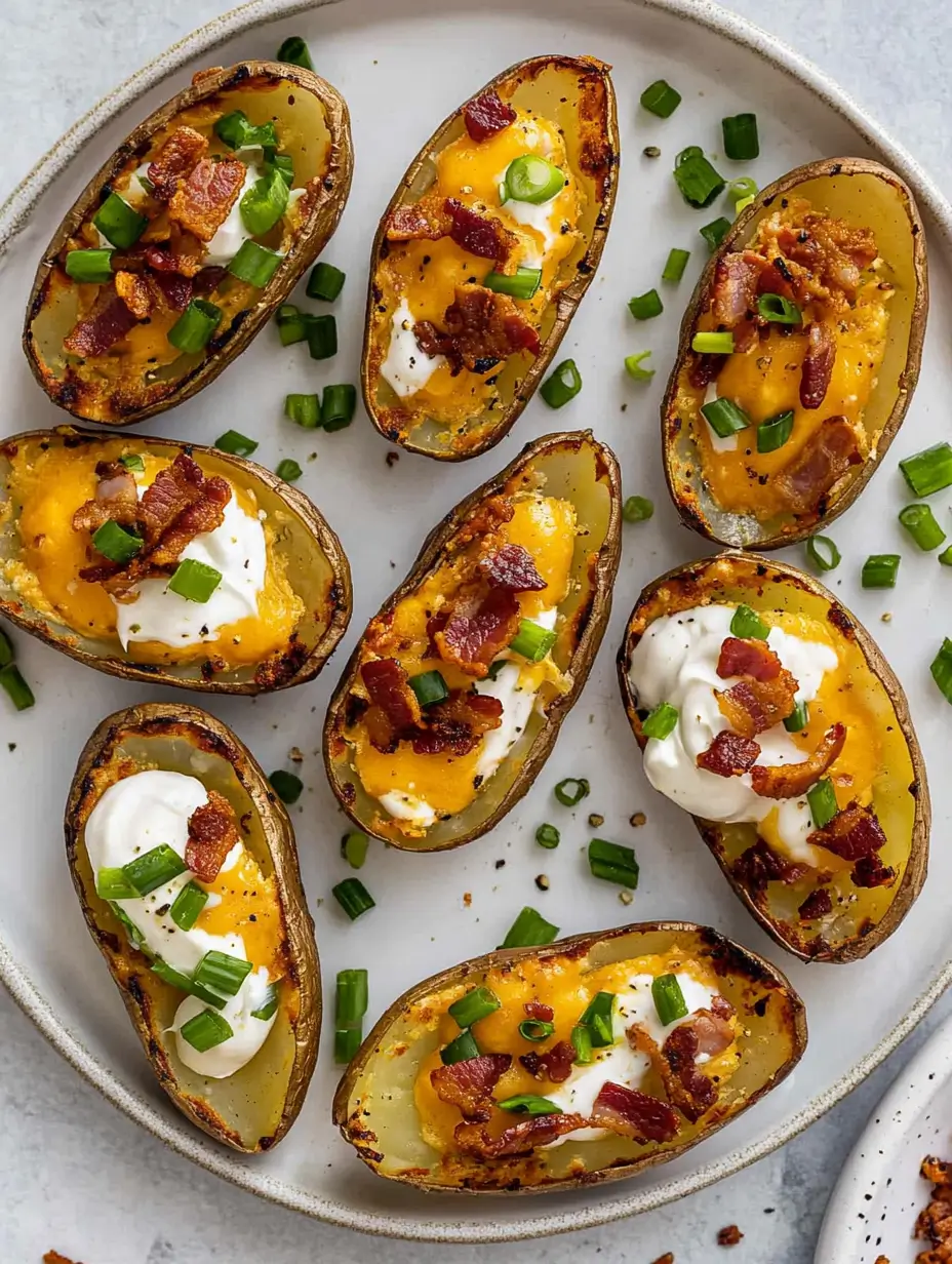air-fryer-potato-skins-with-crispy-bacon-and-sour-cream-on-a-white-plate