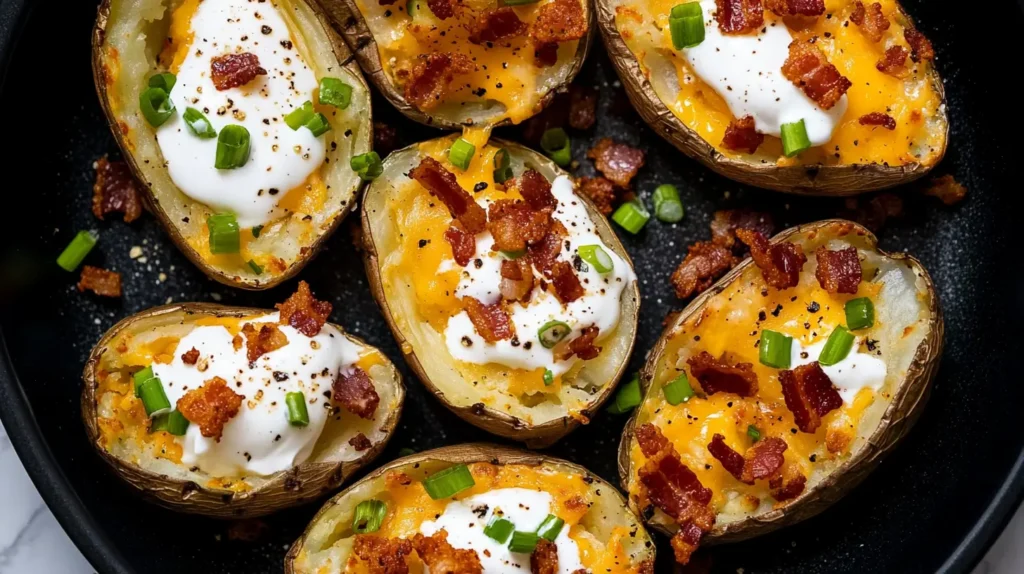 air-fryer-potato-skins-with-crispy-bacon-and-sour-cream-on-a-plate
