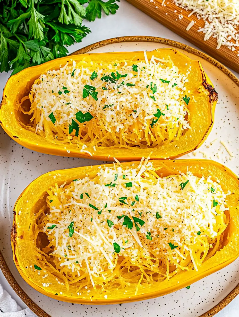 Air fryer spaghetti squash halves topped with shredded Parmesan cheese and fresh parsley on a plate.