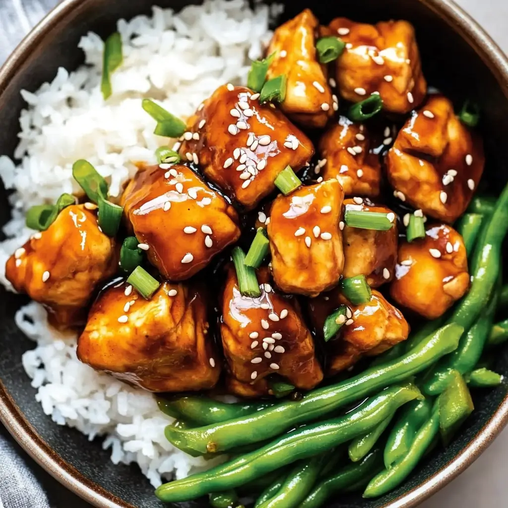 air-fryer-teriyaki-chicken-with-white-rice-green-onions-and-steamed-green-beans