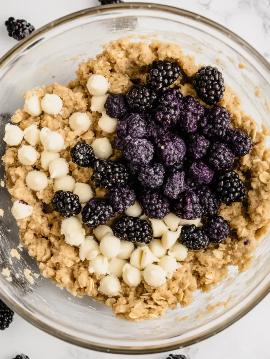 mixing-bowl-with-blackberries-and-white-chocolate-chips-for-blackberry-oatmeal-cookies