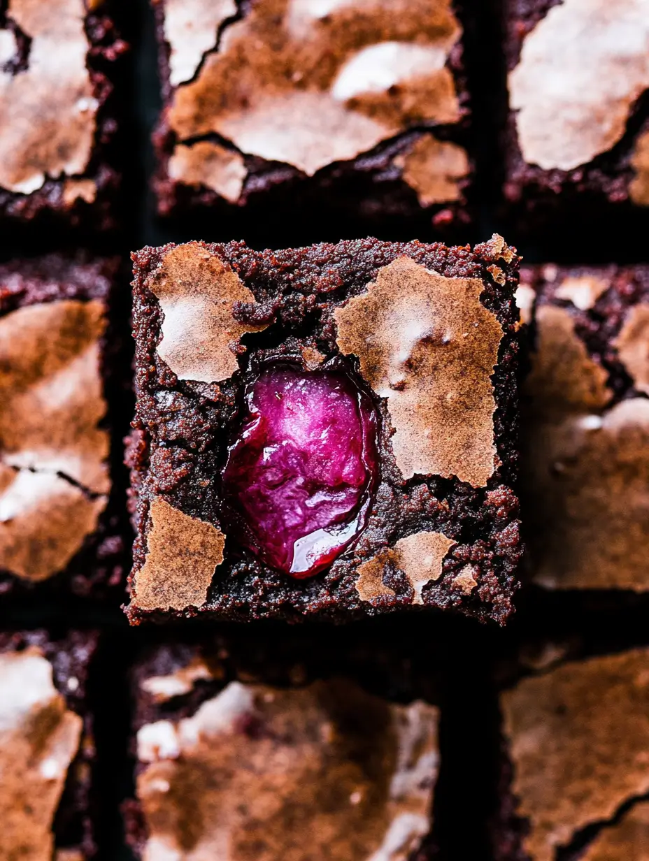 single-square-brownie-with-bright-cherry-on-top-close-up-with-crackled-topping