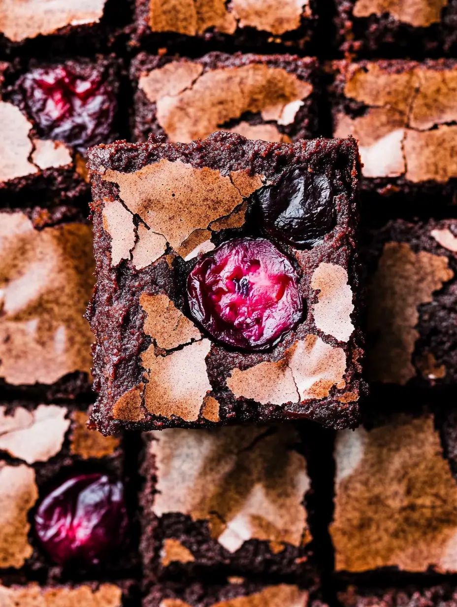 overhead-shot-of-single-brownie-with-crispy-topping-and-cherry-in-center