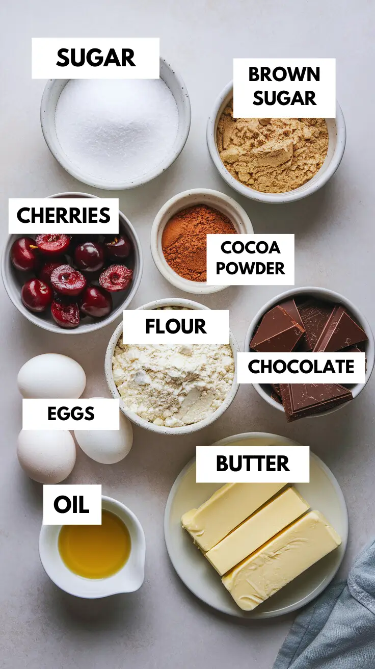 labeled-ingredients-for-cherry-brownies-including-sugar-brown-sugar-cocoa-powder-cherries-flour-eggs-oil-butter-and-chocolate