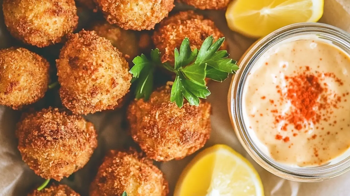 golden-brown crab balls garnished with parsley and served with lemon slices and paprika dip.