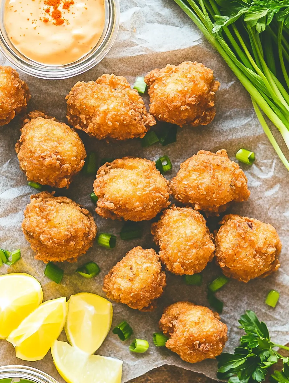Overhead view of golden crab balls arranged on parchment with green onion slices and a jar of dip