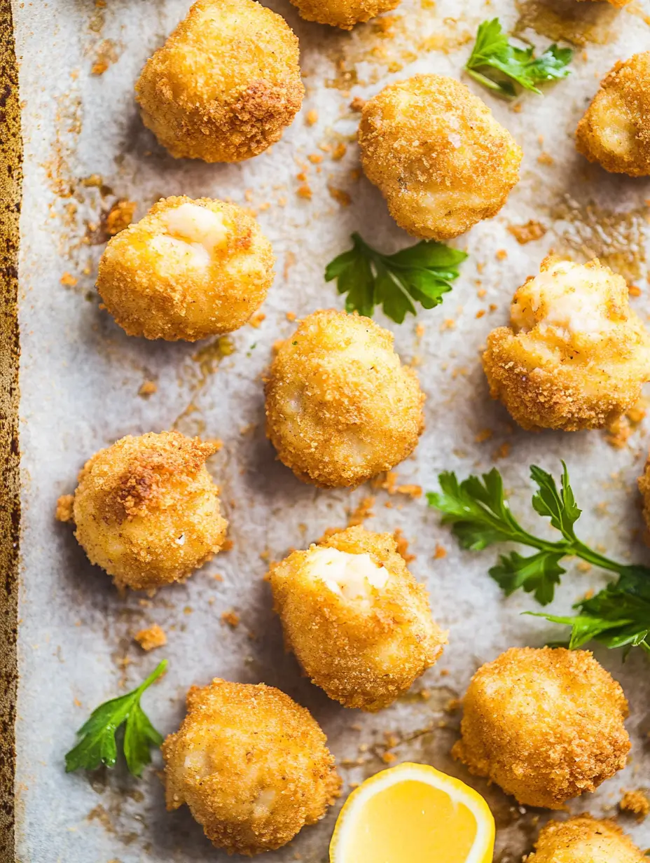 Close-up-of-crispy-crab-balls-on-parchment-paper-with-fresh-parsley-garnish.