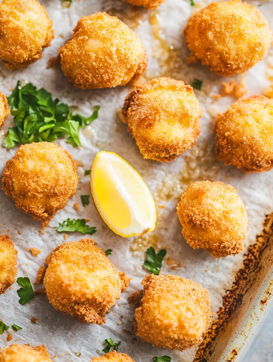 Golden-brown-crab-balls-on-a-baking-sheet-with-parsley-and-a-lemon-wedge.