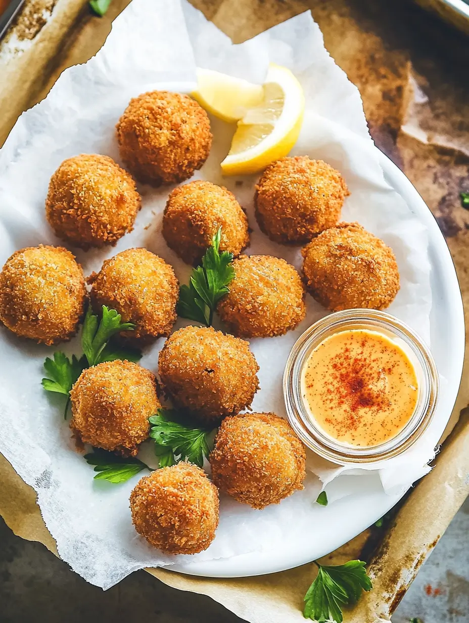 Crab-balls-on-a-white-plate-with-parsley-lemon-slices-and-creamy-dipping-sauce.