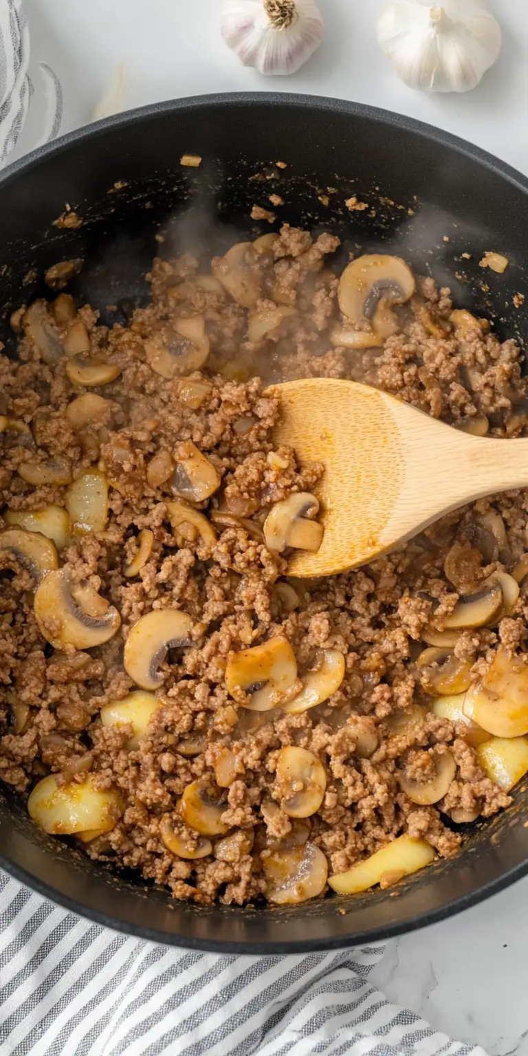 Cooked ground sausage with sliced mushrooms