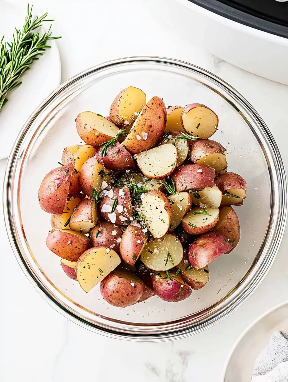 A clear glass mixing bowl with halved red potatoes, evenly coated with olive oil, salt, pepper, and fresh rosemary, placed on a white marble surface.