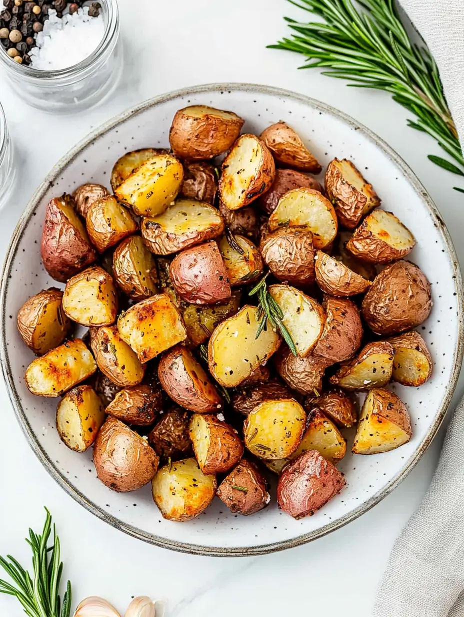 A rustic plate filled with golden-brown air fryer red potatoes, garnished with rosemary sprigs and set on a neutral-toned background with fresh herbs scattered around.