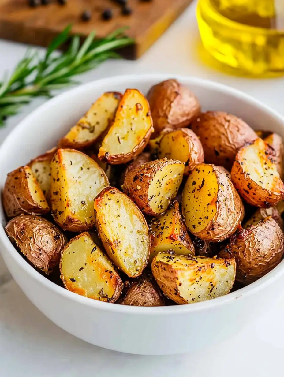 A close-up view of golden-brown air fryer red potatoes in a white bowl, garnished with fresh rosemary sprigs and set against a white marble background.