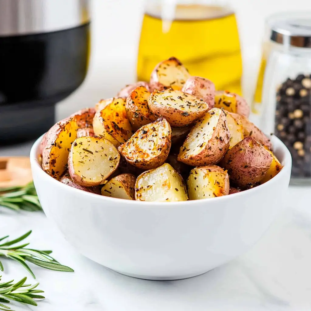 Crispy red potatoes, perfectly roasted, in a white bowl placed on a marble countertop with a sprig of rosemary nearby.
