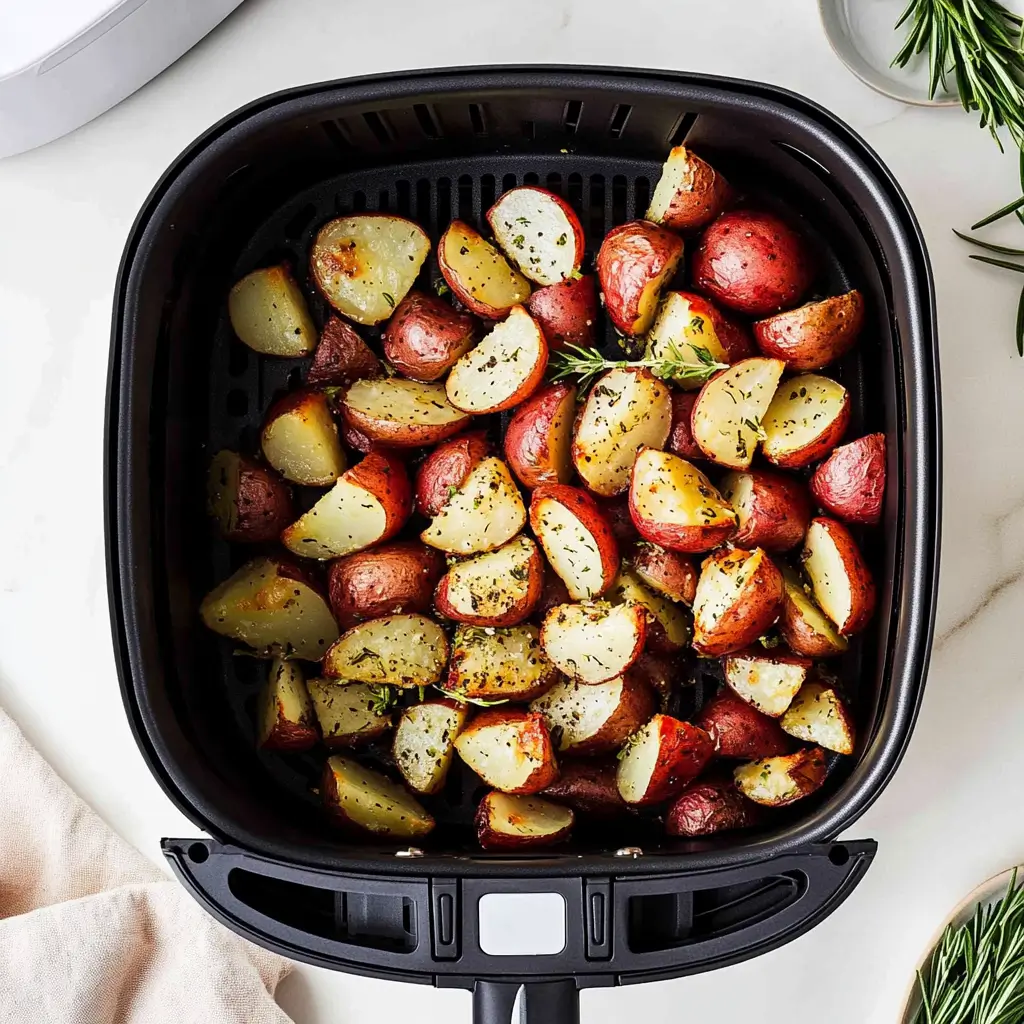 A black air fryer basket filled with red potatoe pieces, garnished with sprigs 