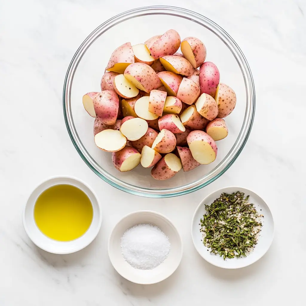 A top-down shot of seasoned red potatoe pieces tossed in olive oil and herbs, resting in a clear glass mixing bowl.