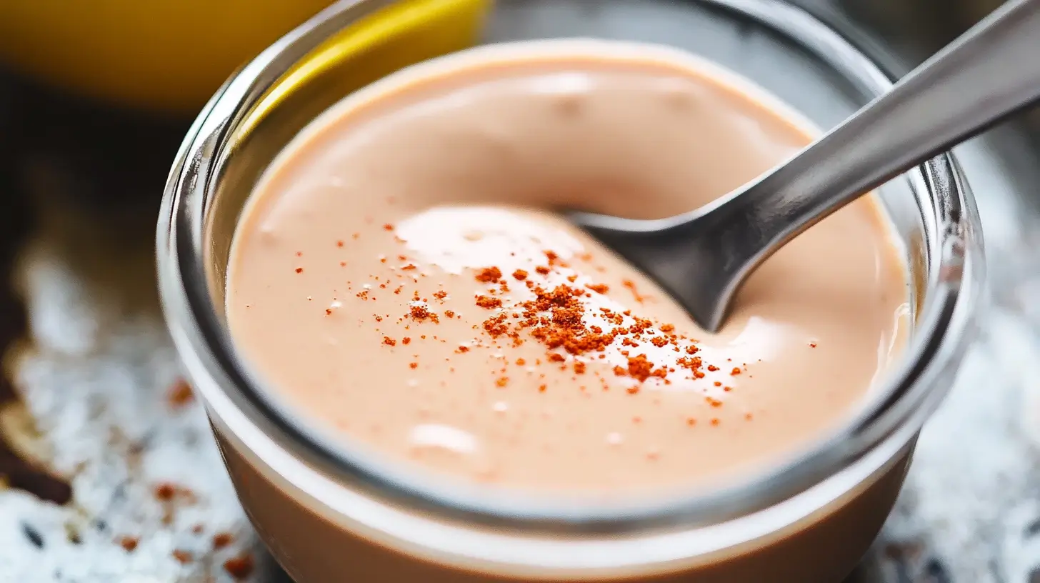 Tangy-creamy-dipping-sauce-in-a-small-glass-jar-sprinkled-with-paprika.