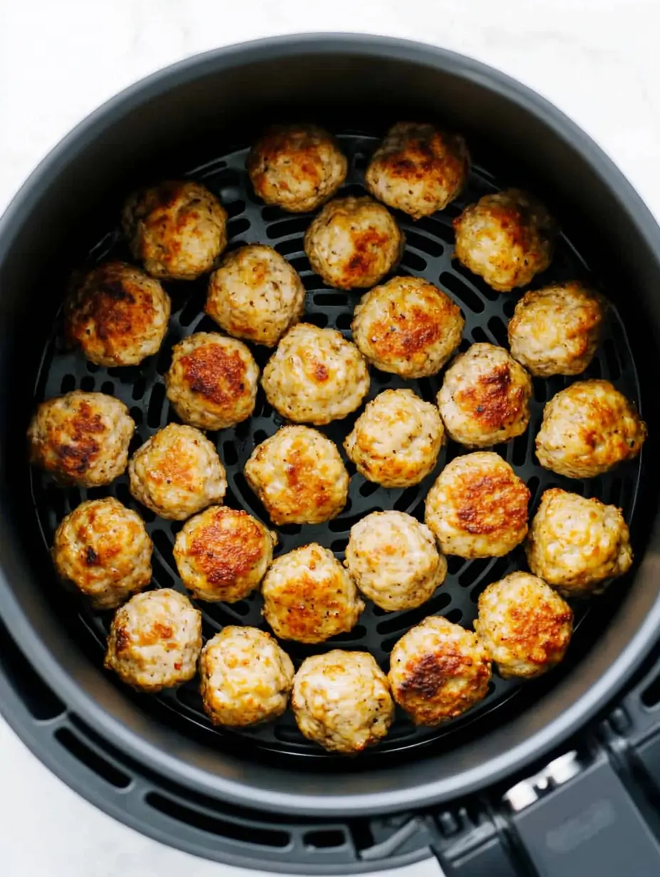air-fryer-basket-with-golden-frozen-meatballs
