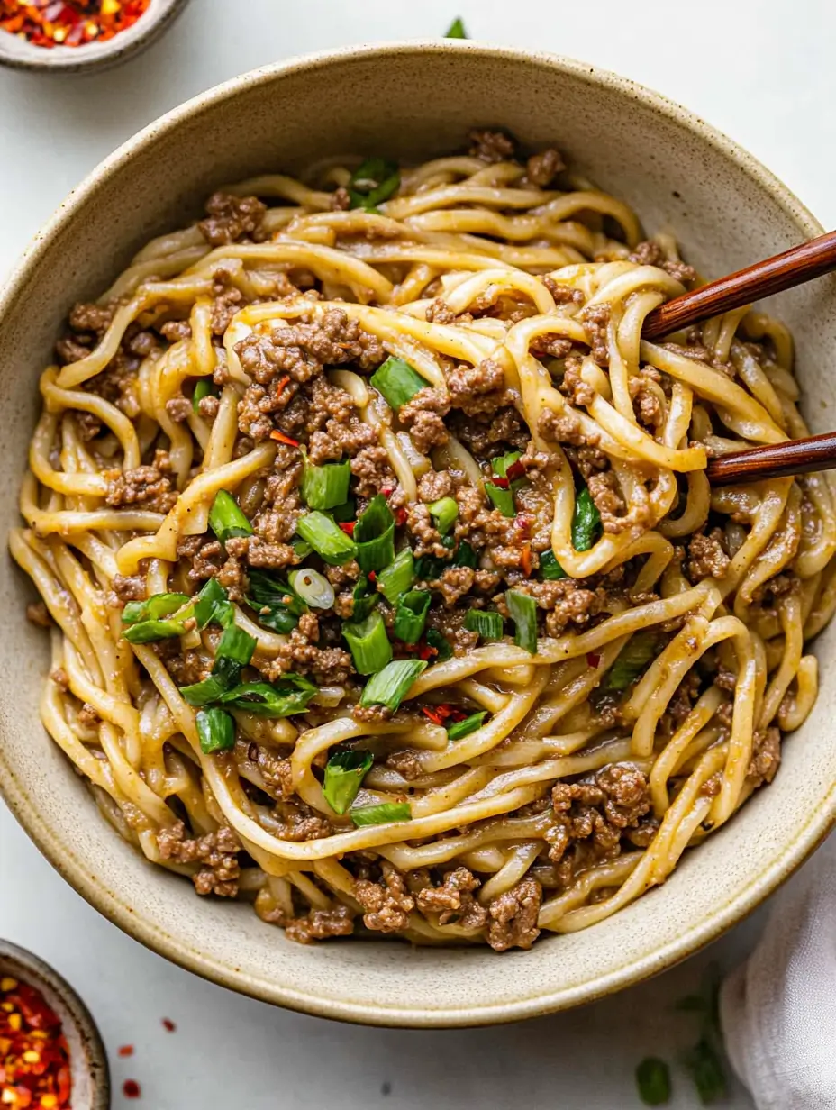 A close-up of a bowl of Mongolian ground beef noodles topped with chopped green onions and served with chopsticks.