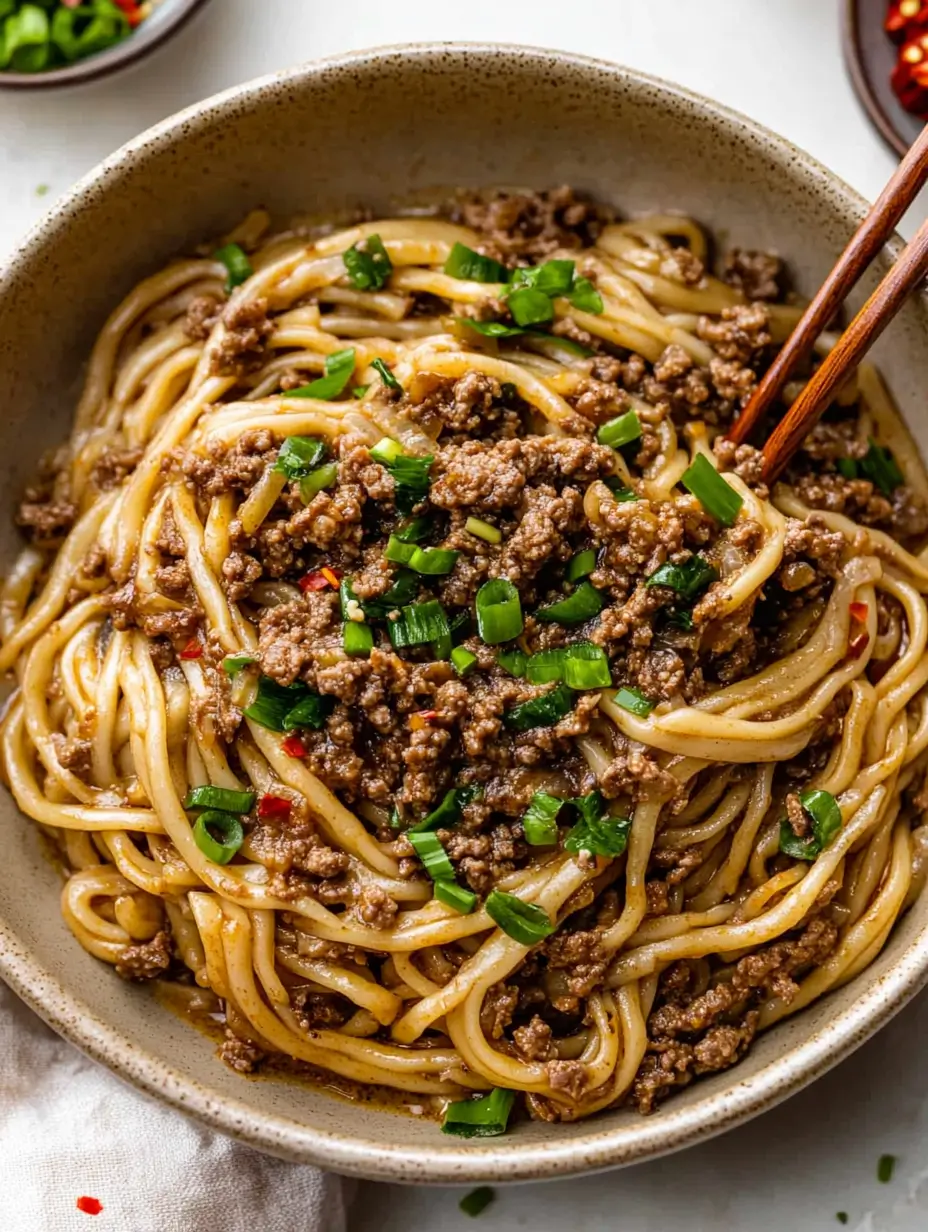 A top view of Mongolian ground beef noodles in a bowl, showcasing a flavorful sauce and garnished with green onions.