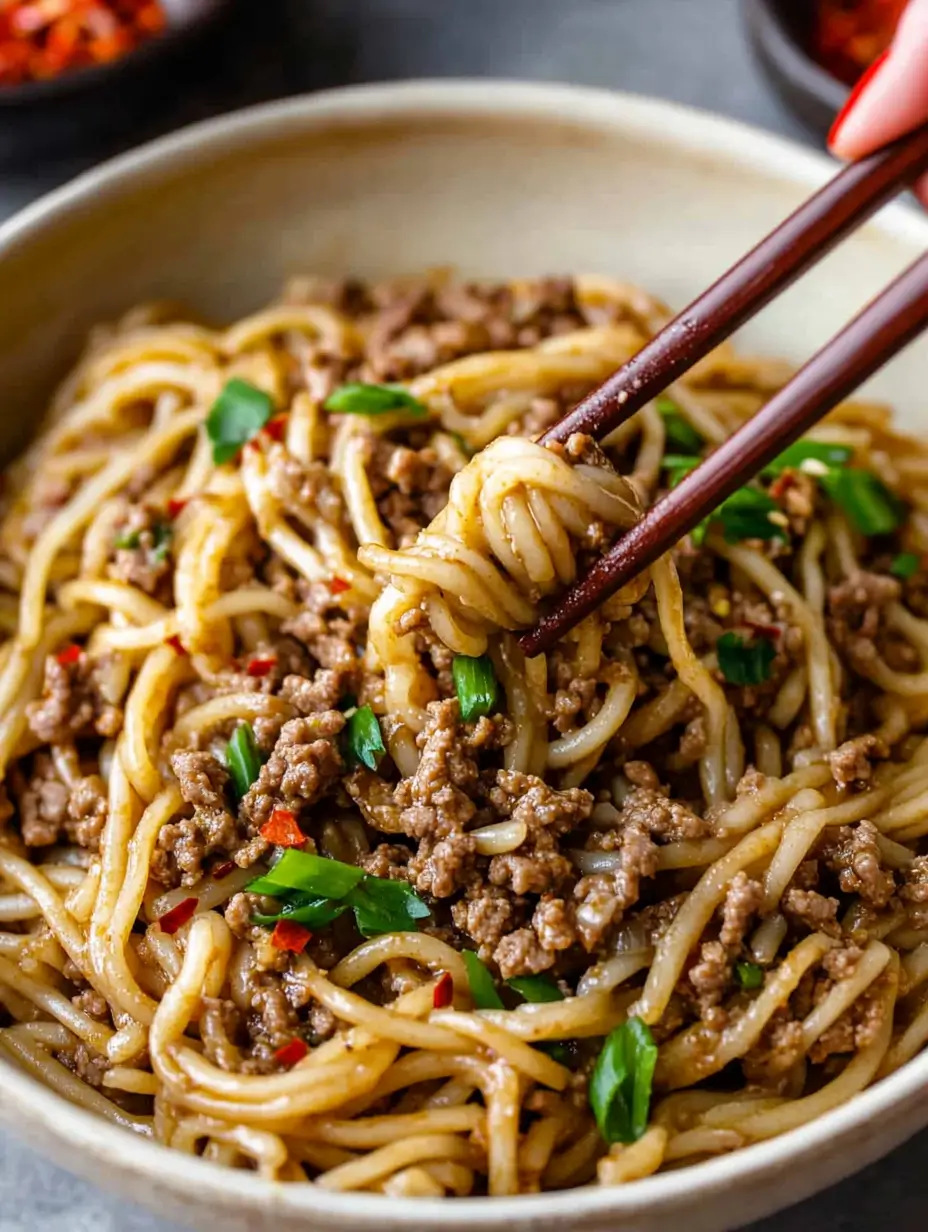 A bowl of Mongolian ground beef noodles garnished with green onions and red pepper flakes, held by chopsticks for a bite.