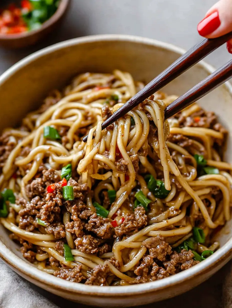 A close-up of a bowl of Mongolian ground beef noodles topped with chopped green nions