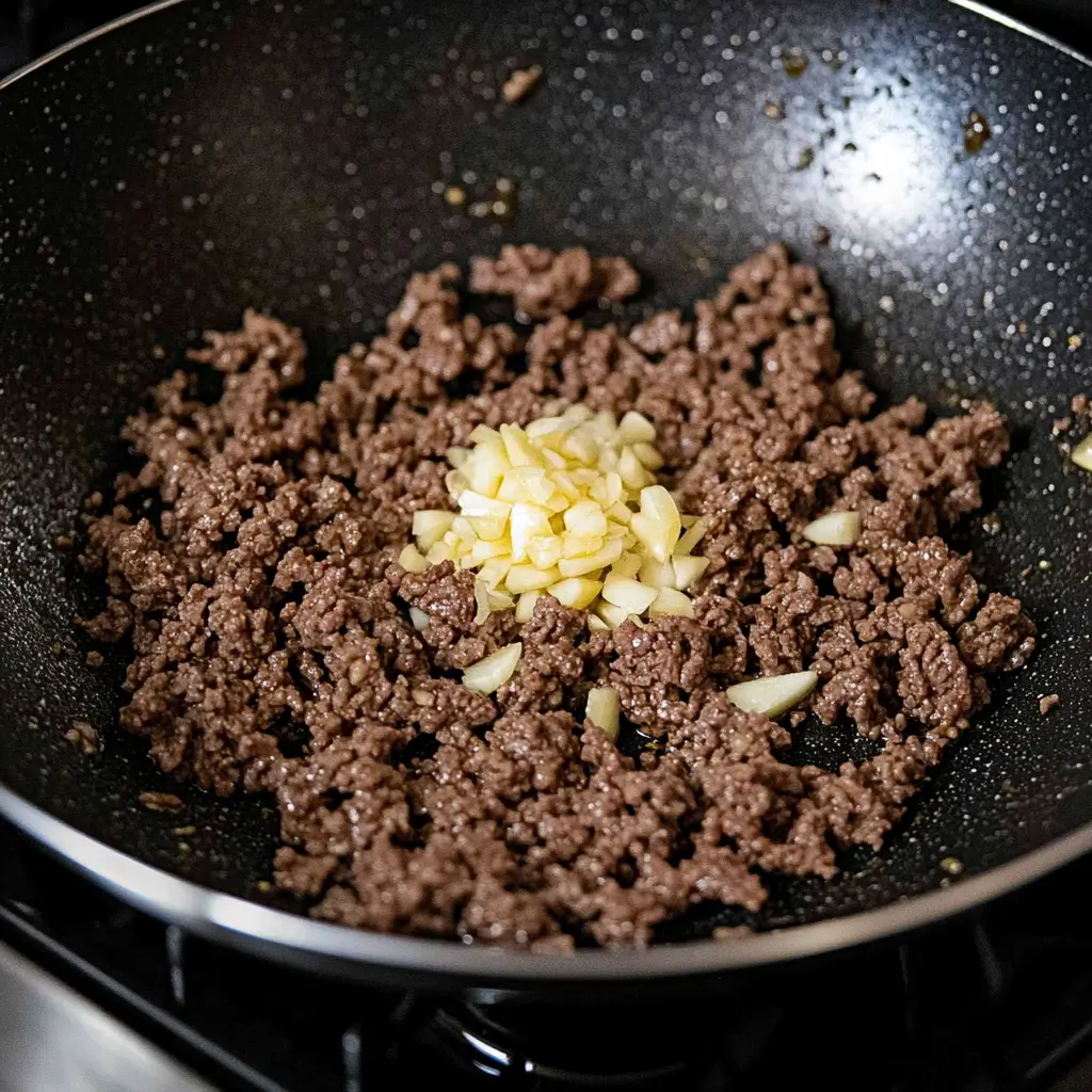 Ground beef cooking in a wok with freshly minced garlic added on top.