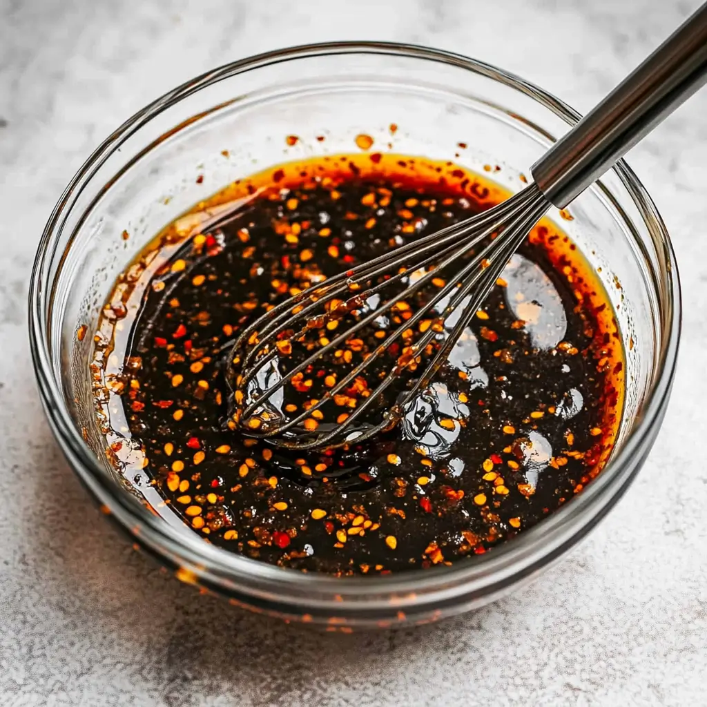 A glass bowl of soy sauce-based spicy sauce mixed with chili flakes and whisk.