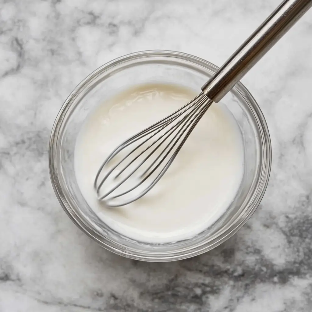 A glass bowl of cornstarch slurry with a metal whisk on a marble countertop.