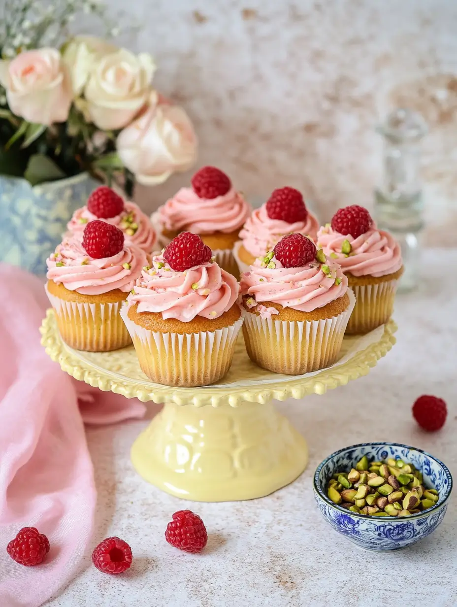 Pistachio and Raspberry Cupcakes Made Simple 12 pistachio-and-raspberry-cupcakes-arranged-on-a-yellow-cake-stand