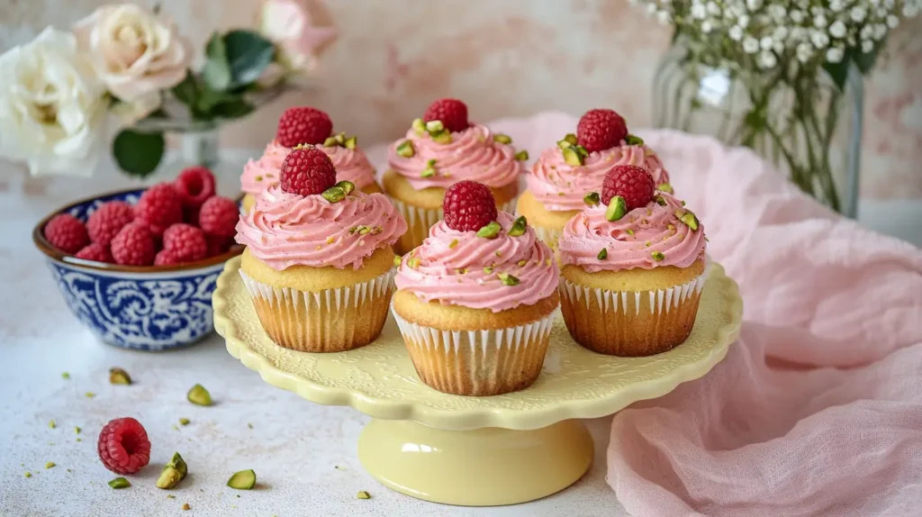 pistachio-and-raspberry-cupcakes-featured-image pistachio-and-raspberry-cupcakes-decorated-with-pink-frosting-raspberries-and-pistachio-on-a-yellow-stand