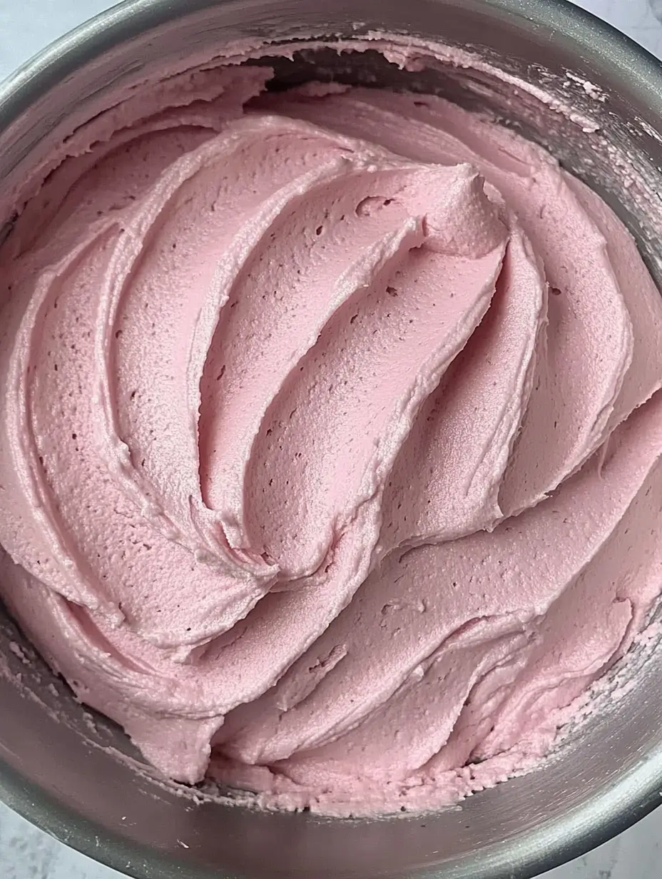 Pistachio and Raspberry Cupcakes Made Simple 16 smooth-pink-buttercream-frosting-in-a-metal-bowl-perfect-for-pistachio-and-raspberry-cupcakes