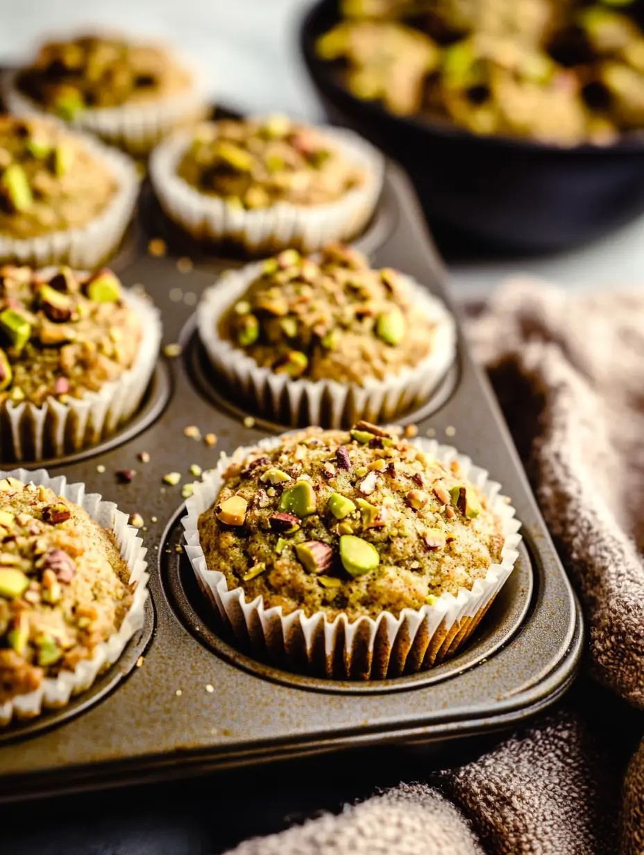Pistachio Muffins(Bakery Style at Home) 20 close-up-of-a-muffin-tray-with-freshly-baked-pistachio-muffins-topped-with-pistachio-crumbs