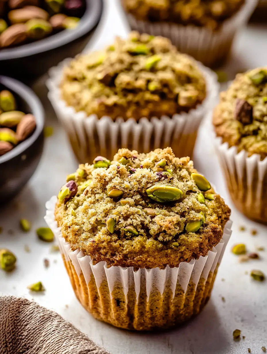 Pistachio Muffins(Bakery Style at Home) 13 close-up-of-pistachio-muffin-with-coarse-crumble-and-scattered-nuts