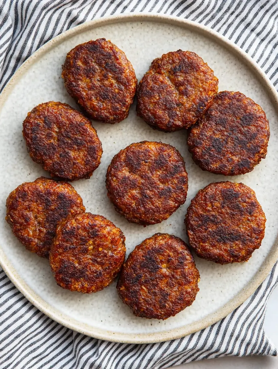 plate-air-fryer-sausage-patties-striped-cloth-background