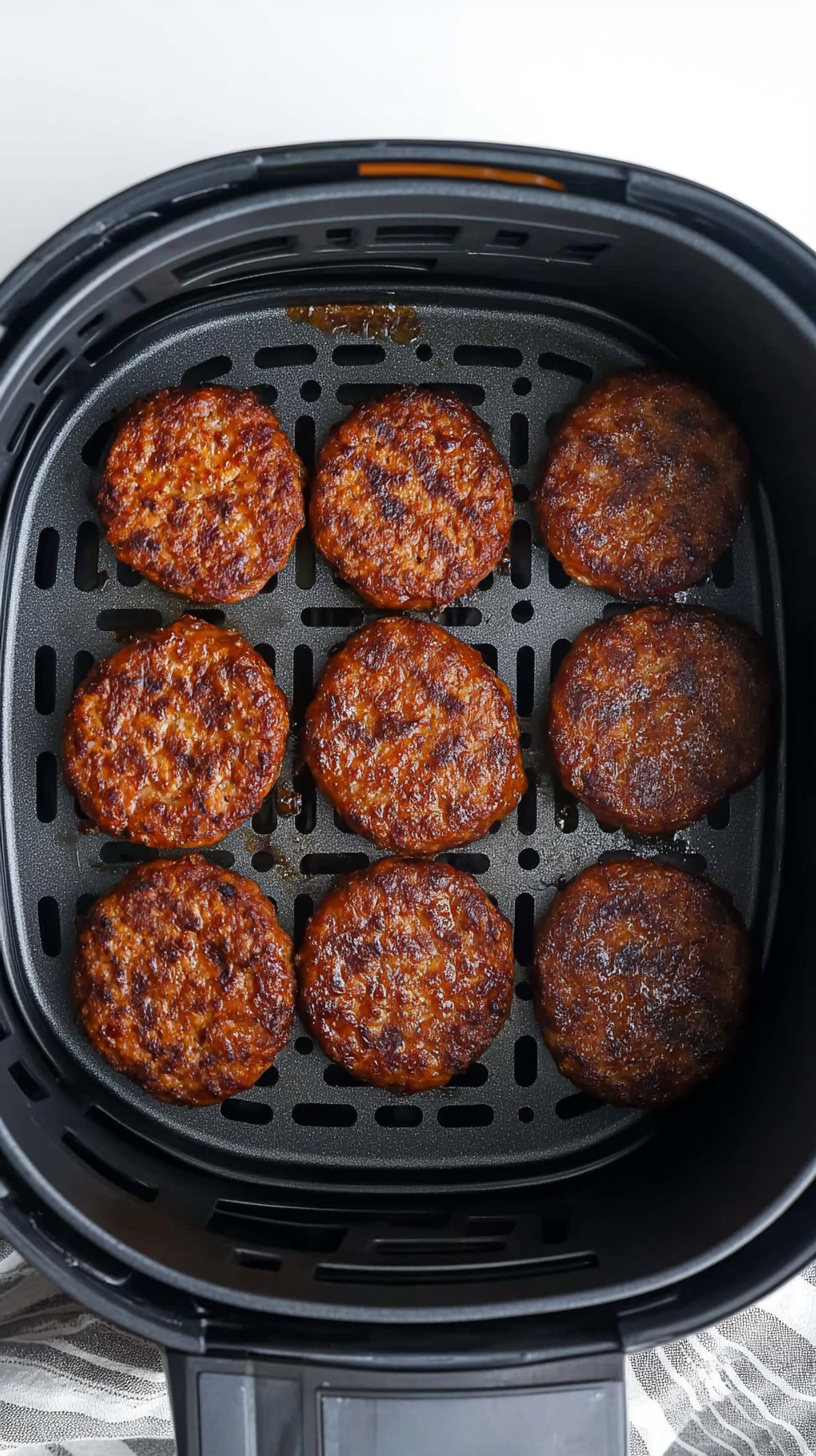 air-fryer-basket-crispy-browned-sausage-patties-overhead