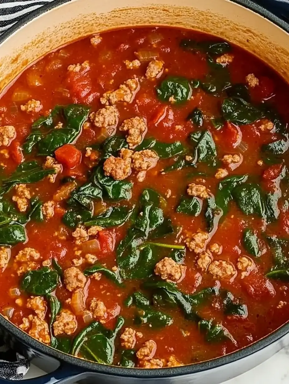 Creamy Italian Sausage Spinach Soup 18 Close-up of a hearty tomato-based sausage and spinach soup in a large pot, featuring vibrant red broth, chunks of sausage, and fresh spinach leaves.