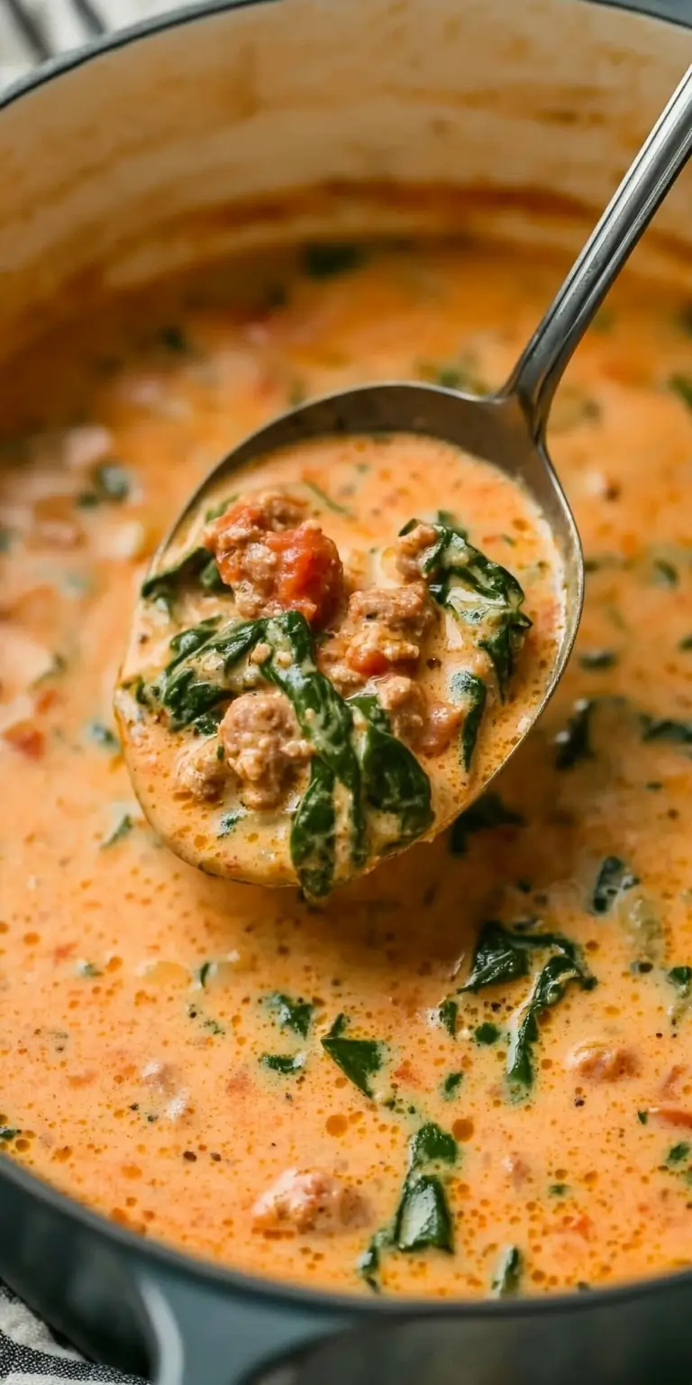 Creamy Italian Sausage Spinach Soup 21 A ladle lifting hearty sausage spinach soup