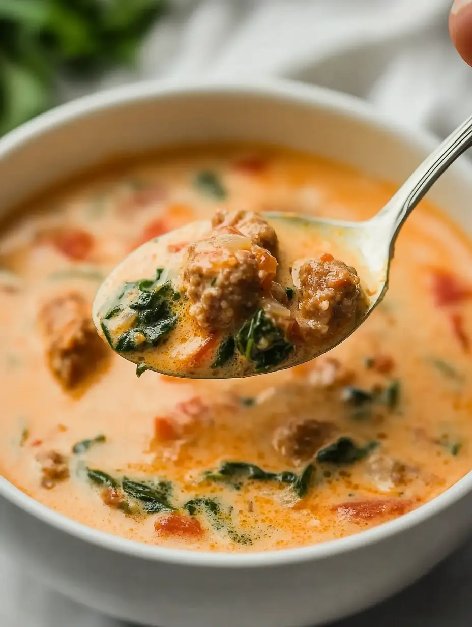 Creamy Italian Sausage Spinach Soup 15 A spoonful of sausage spinach soup lifted above a white bowl, showing a creamy orange broth, spinach, and chunks of sausage.