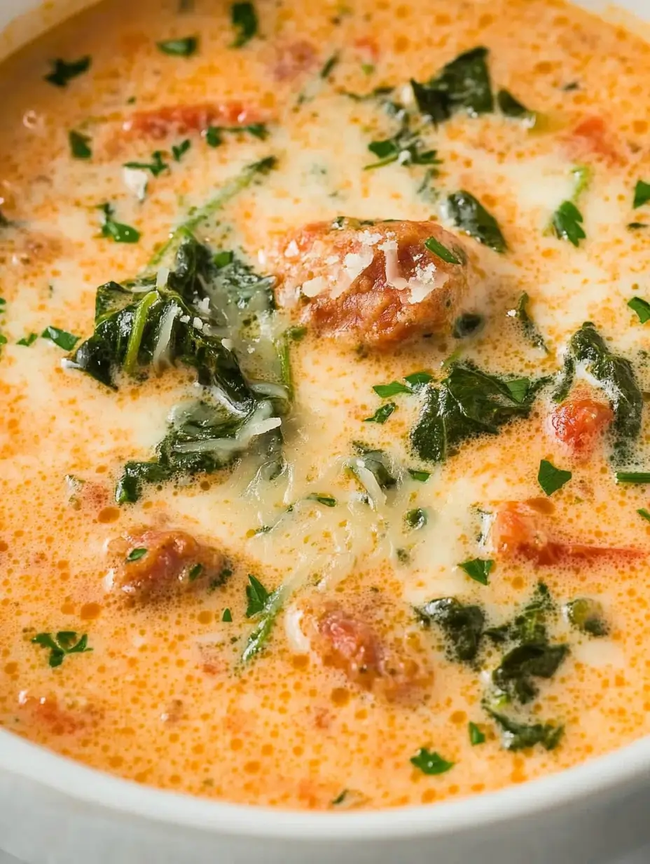 Creamy Italian Sausage Spinach Soup 14 Overhead view of sausage spinach soup in a white bowl, topped with freshly grated Parmesan and a sprinkle of herbs.