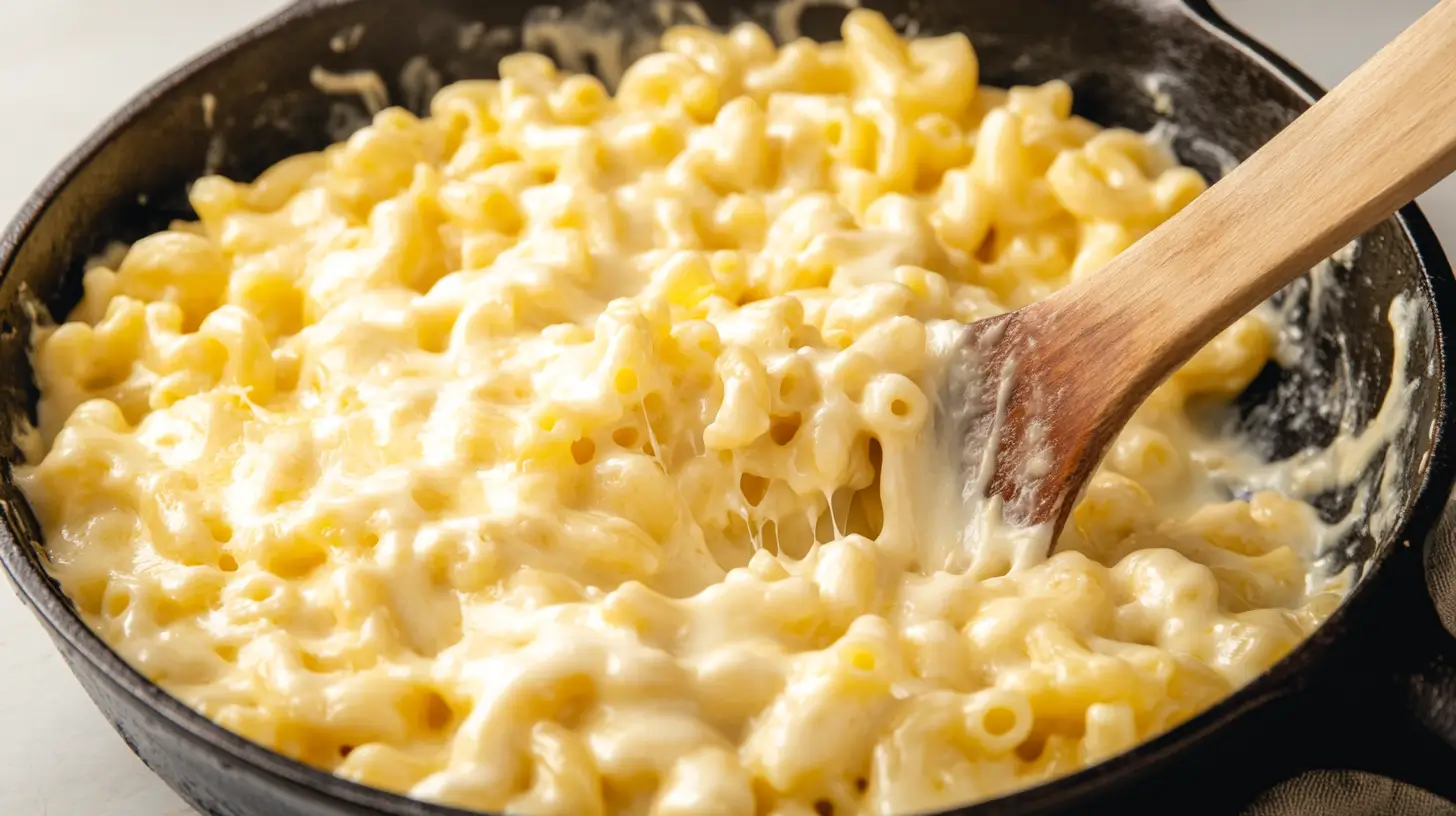 Cheesy Smoked Mac and Cheese Recipe 14 Gooey, creamy smoked mac and cheese being stirred in a skillet.
