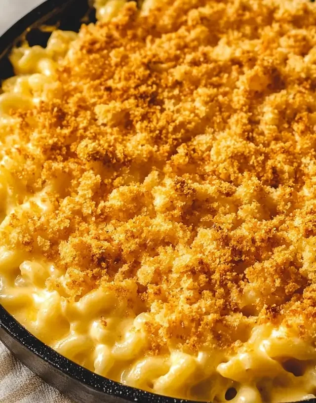 Overhead view of smoked mac and cheese with golden breadcrumbs, served hot in a skillet.