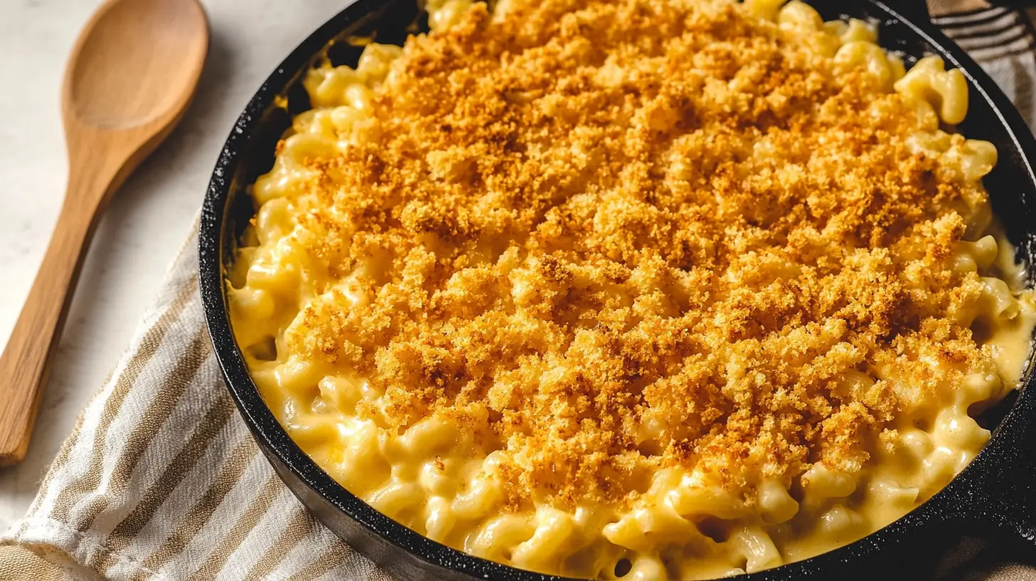 Dinner Recipes 14 Overhead view of smoked mac and cheese with golden breadcrumbs, served hot in a skillet.